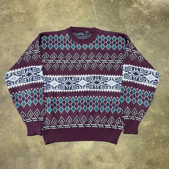 Vintage 90s Van Heusen Burgundy Pattern Sweater - Picture 1 of 3